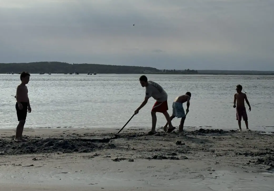 Two men are digging a hole on the beach.