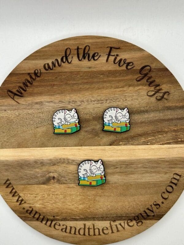 Three enamel pins featuring a cat sitting on books placed on a wooden circular board with the text "Annie and the Five Guys" and "www.annieandthefiveguys.com" engraved around the edge.