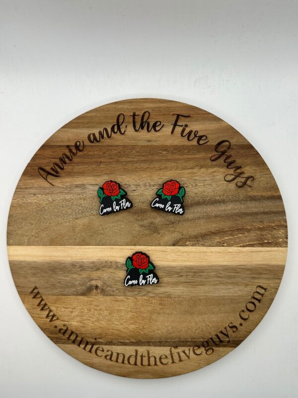 A round wooden board with black text that reads "Annie and the Five Guys" in a circular pattern and "www.annieandthefiveguys.com" at the bottom. Three small pins with roses and text "Came by Plan" are on the board.