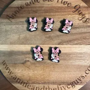 Five Mouse silicone focal beads are displayed on a wooden board with the text "Annie and the Five Guys" and a website URL underneath.