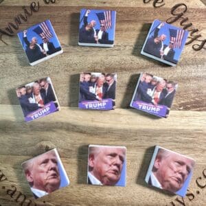 A wooden surface displays nine square items featuring various images of a political figure. The website "annieandthefiveguys.com" is printed on the wood.