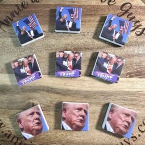 A wooden surface displays nine square items featuring various images of a political figure. The website "annieandthefiveguys.com" is printed on the wood.