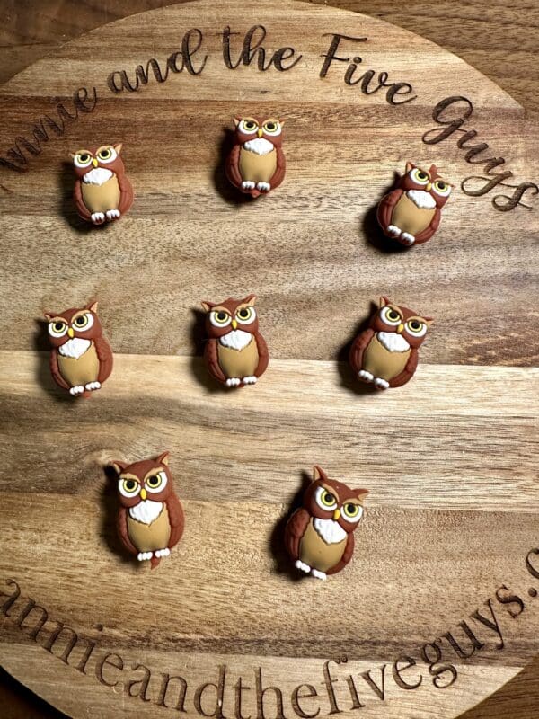 Nine owl-shaped cookies are arranged on a round wooden board with engraved text along the edges.