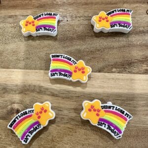 Five colorful star-shaped magnets with rainbows and the phrase "Didn't lose my sh*t today!" are placed on a wooden surface.